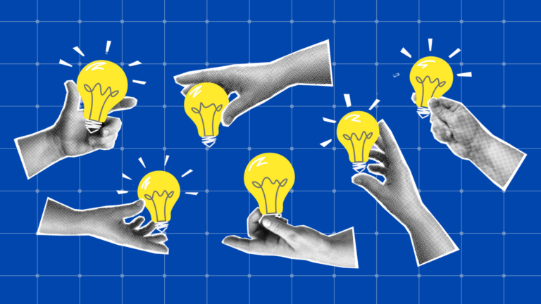 Blue graph background with six hands with lightbulbs