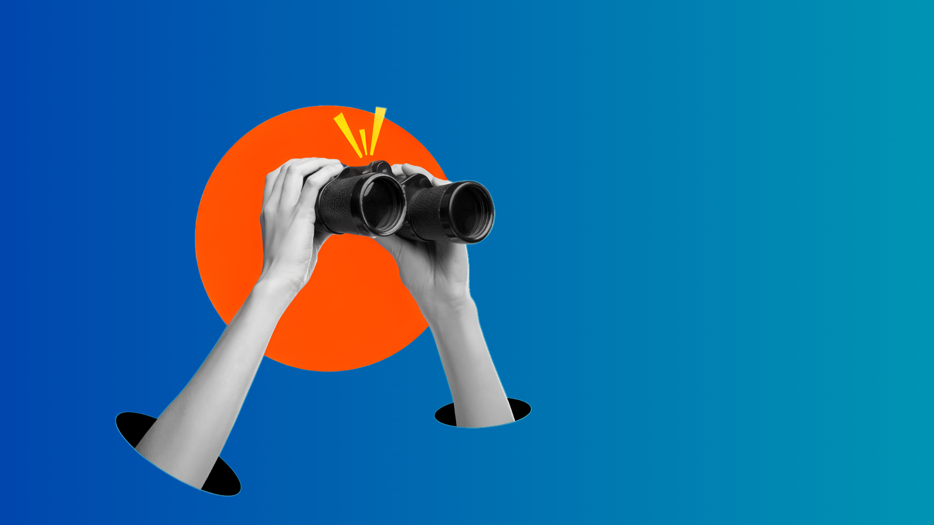 Two hands holding binoculars on blue background